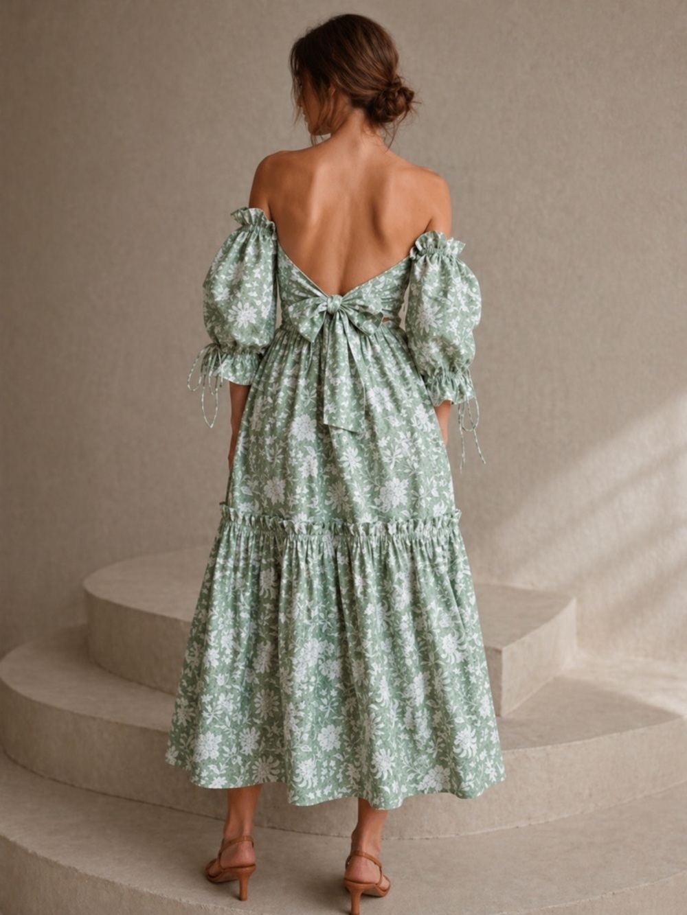 EDDY Olivia Midi Dress Green Ivory Floral Puff Sleeve Bow Back NWT Size S - Picture 3 of 15